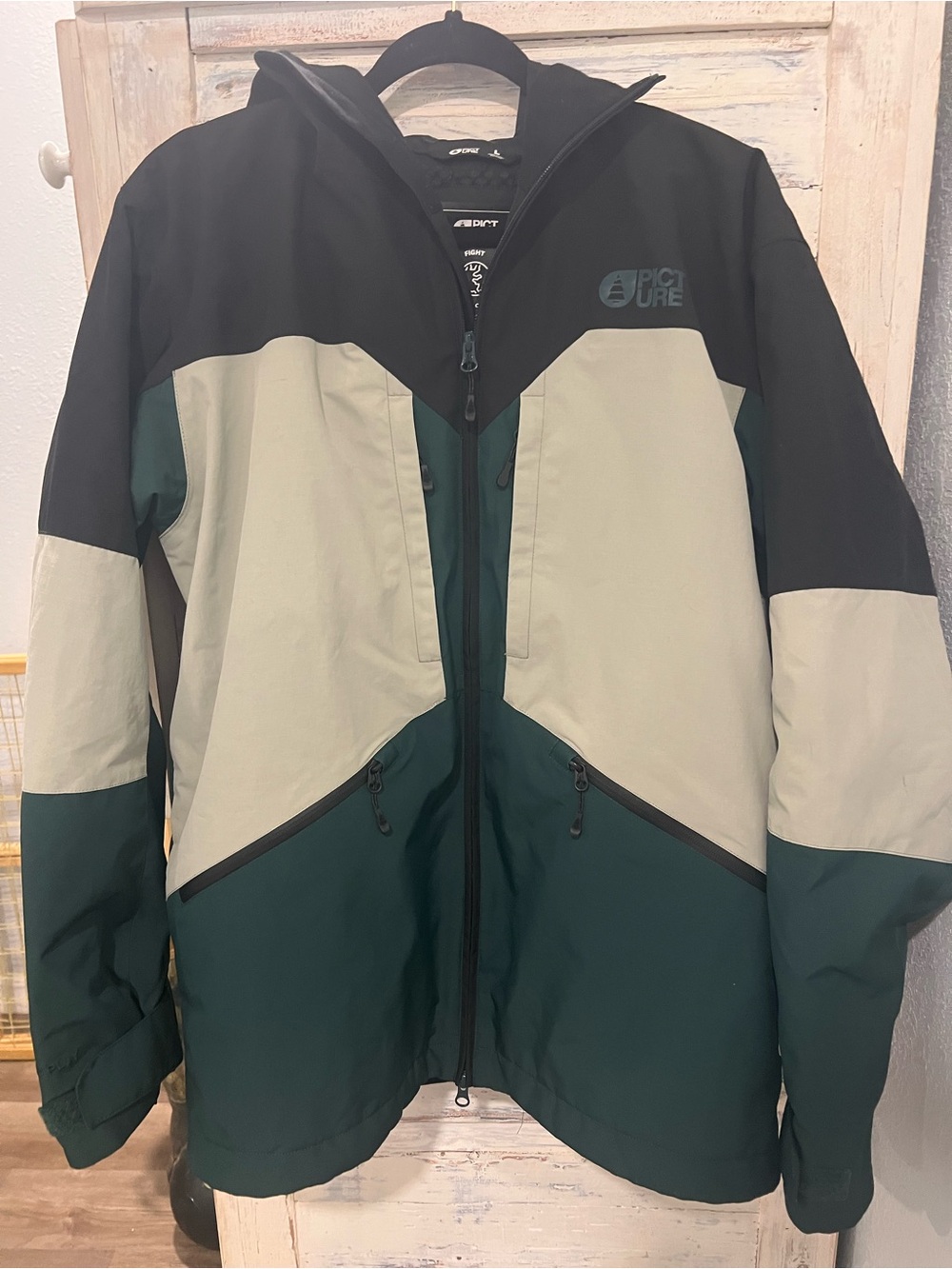 Picture Organic Men's Colorblocked Ski Jacket in Black, Cream & Green